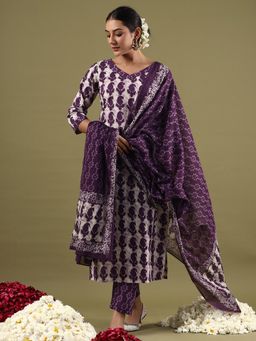 Indo Era - Purple Printed Straight Kurta With Pant And Dupatta