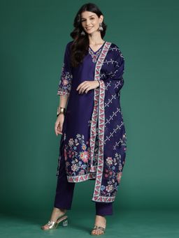 Indo Era - Purple Floral Printed Straight Kurta With Pant And Dupatta