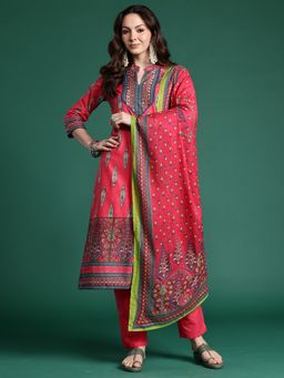 Indo Era - Red Printed Straight Kurta With Pant And Dupatta