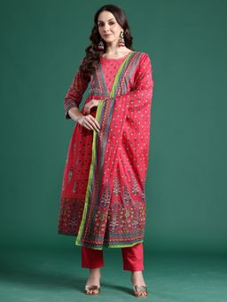 Indo Era - Red Printed Anarkali Kurta with Pant and Dupatta