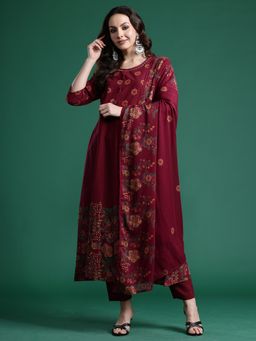 Indo Era - Maroon Floral Printed Anarkali Kurta with Pant and Dupatta