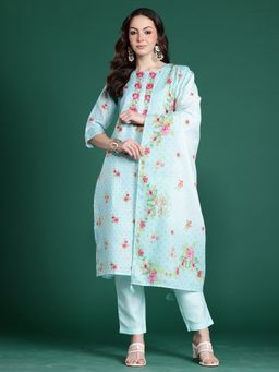 Indo Era - Blue Floral Straight Kurta With Pant And Dupatta