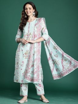 Indo Era - Blue Floral Printed Straight Kurta With Pant And Dupatta