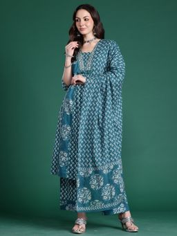 Indo Era - Teal Floral A-Line Kurta With Pant And Dupatta