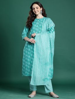 Indo Era - Teal Printed Straight Kurta With Pant And Dupatta