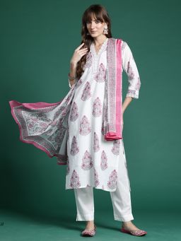 Indo Era - White Floral Printed Straight Kurta With Pant And Dupatta