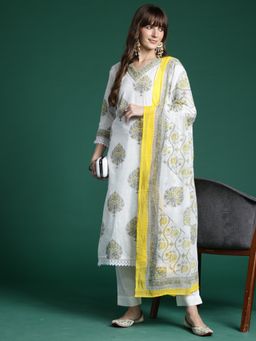 Indo Era - White Floral Printed Straight Kurta With Pant And Dupatta