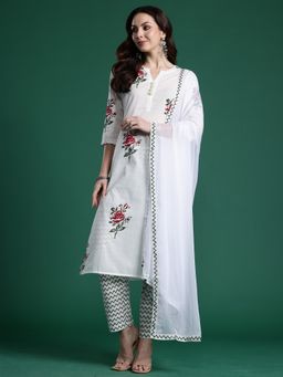 Indo Era - White Floral Printed Straight Kurta With Pant And Dupatta