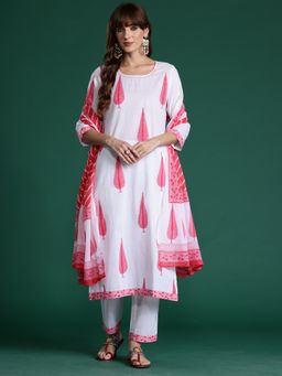 Indo Era - White Printed Straight Kurta With Pant And Dupatta