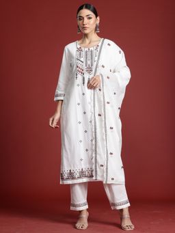 Indo Era - White Embroidered Straight Kurta With Pant And Dupatta