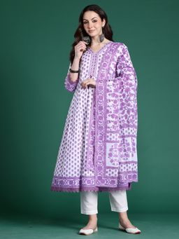 Indo Era - White Floral Printed Anarkali Kurta with Pant and Dupatta