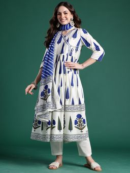 Indo Era - White Printed Angarkha Kurta With Pant And Dupatta