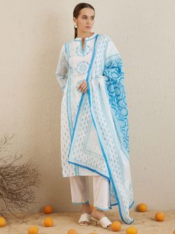 Indo Era - Off White Printed Straight Kurta With Pant And Dupatta