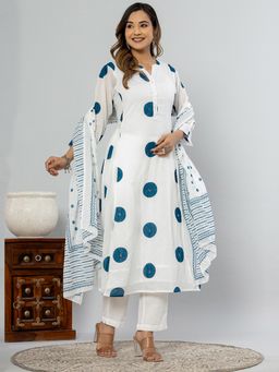 Indo Era - Off White Printed A-Line Kurta With Pant And Dupatta