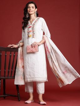 Indo Era - Off White Embroidered Straight Kurta With Pant And Dupatta