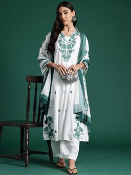 Indo Era - Off White Floral A-Line Kurta With Pant And Dupatta