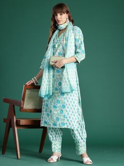 Indo Era - White Floral Printed Straight Kurta With Salwar And Dupatta