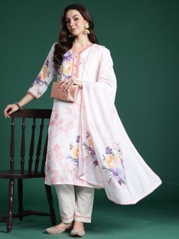 Indo Era - White Floral Printed Straight Kurta With Pant And Dupatta