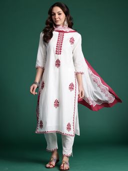 Indo Era - White Floral Straight Kurta With Pant And Dupatta
