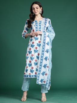 Indo Era - White Floral Printed Straight Kurta With Pant And Dupatta