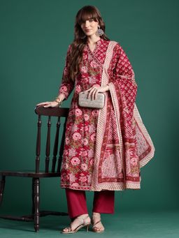 Indo Era - Red Floral Printed A-Line Kurta With Pant And Dupatta
