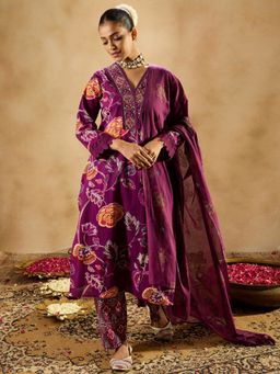 Indo Era - Purple Floral Printed Straight Kurta With Pant And Dupatta