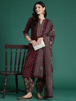 Indo Era - Burgundy Floral Printed Straight Kurta with Salwar And Dupatta