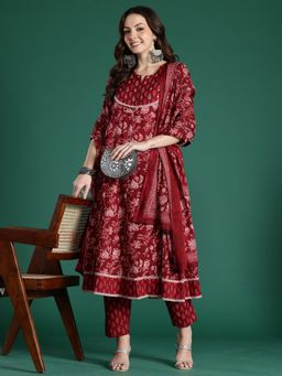 Indo Era - Red Floral Printed Anarkali Kurta with Pant and Dupatta