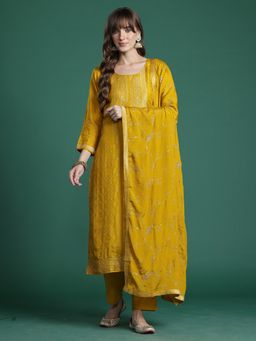 Indo Era - Mustard Woven Design Straight Kurta With Pant And Dupatta