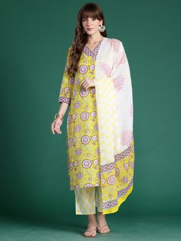 Indo Era - Yellow Floral Printed Straight Kurta With Pant And Dupatta