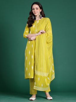 Indo Era - Yellow Printed Straight Kurta With Pant And Dupatta