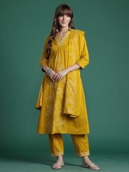 Indo Era - Mustard Embroidered A-Line Kurta With Pant And Dupatta
