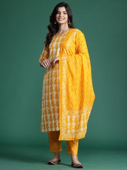 Indo Era - Yellow Printed Straight Kurta With Pant And Dupatta