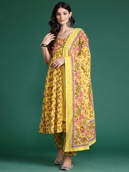 Indo Era - Yellow Floral Printed A-Line Kurta With Pant And Dupatta