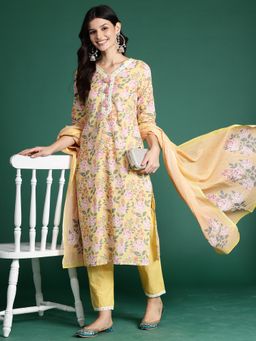 Indo Era - Yellow Floral Printed Straight Kurta With Pant And Dupatta