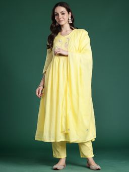 Indo Era - Yellow Embroidered A-Line Kurta With Pant And Dupatta
