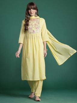 Indo Era - Yellow Floral A-Line Kurta With Pant And Dupatta