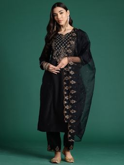 Indo Era - Black Embroidered Straight Kurta With Pant And Dupatta