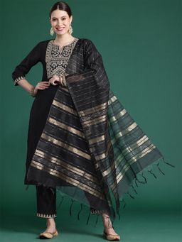 Indo Era - Black Embroidered Straight Kurta With Pant And Dupatta