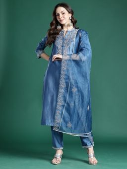 Indo Era - Blue Floral Straight Kurta With Pant And Dupatta