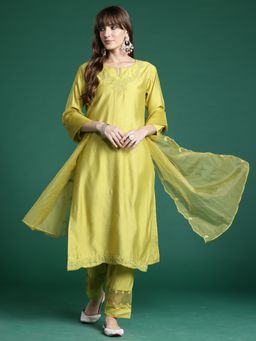 Indo Era - Green Embroidered Straight Kurta With Pant And Dupatta
