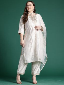 Indo Era - Off White Embroidered Straight Kurta With Pant And Dupatta