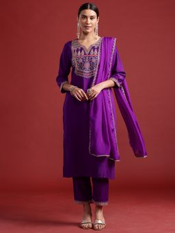 Indo Era - Purple Embroidered Straight Kurta With Pant And Dupatta
