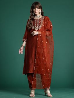 Indo Era - Rust Embroidered Straight Kurta With Pant And Dupatta
