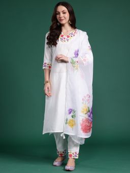 Indo Era - White Floral Straight Kurta With Pant And Dupatta