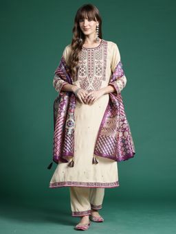 Indo Era - Beige Embroidered Straight Kurta With Pant And Dupatta