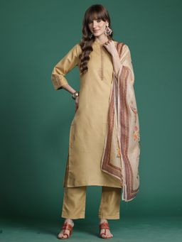 Indo Era - Beige Solid Embroidered Straight Kurta With Pant And Dupatta