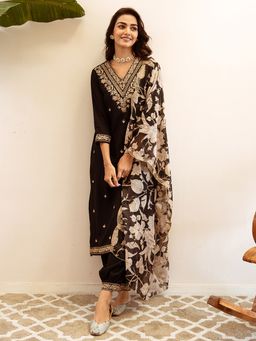 Indo Era - Black Embroidered Straight Kurta With Salwar And Dupatta