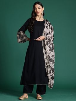 Indo Era - Black Solid Straight Kurta With Pant And Dupatta