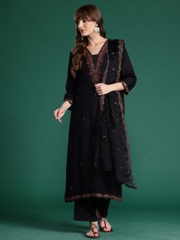 Indo Era - Black Embroidered Straight Kurta With Pant And Dupatta